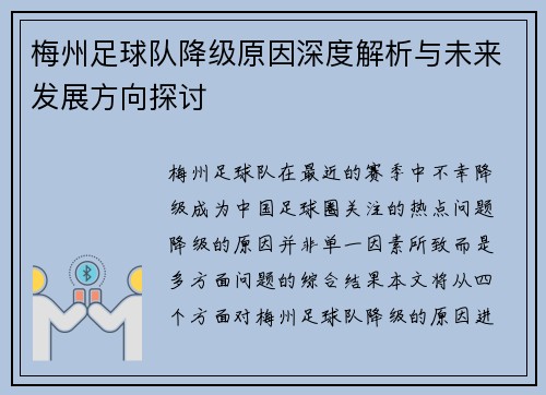梅州足球队降级原因深度解析与未来发展方向探讨 梅州足球队降级原因深度解析与未来发展方向探讨