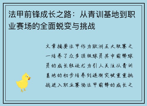 法甲前锋成长之路：从青训基地到职业赛场的全面蜕变与挑战