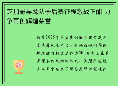 芝加哥黑鹰队季后赛征程激战正酣 力争再创辉煌荣誉 芝加哥黑鹰队季后赛征程激战正酣 力争再创辉煌荣誉