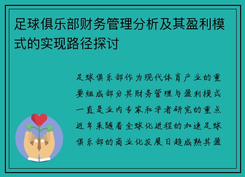 足球俱乐部财务管理分析及其盈利模式的实现路径探讨